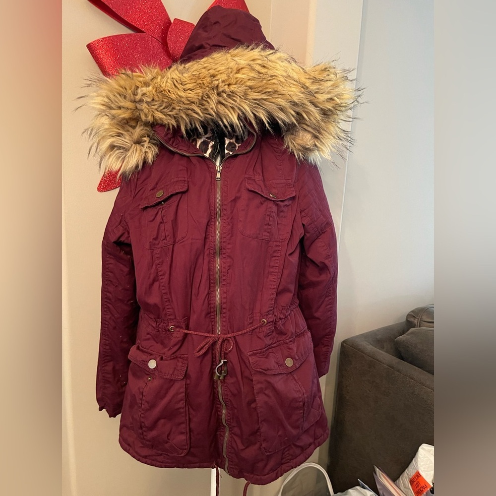 Burgundy Women’s Parka with Faux Fur Trim, P2P 23, length 30, removable hat